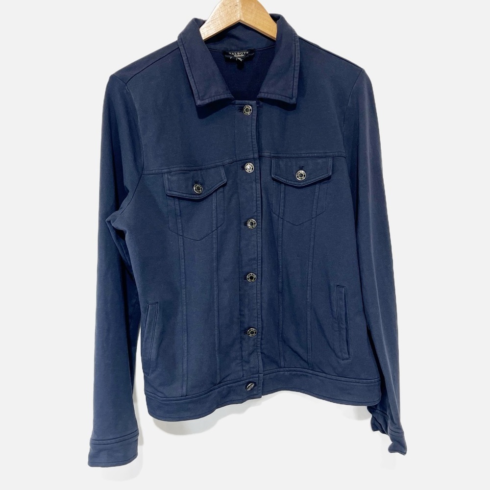 Talbots Navy Jacket Bomber Blazer Botton Front Stretch Jersey Knit Casual Size L